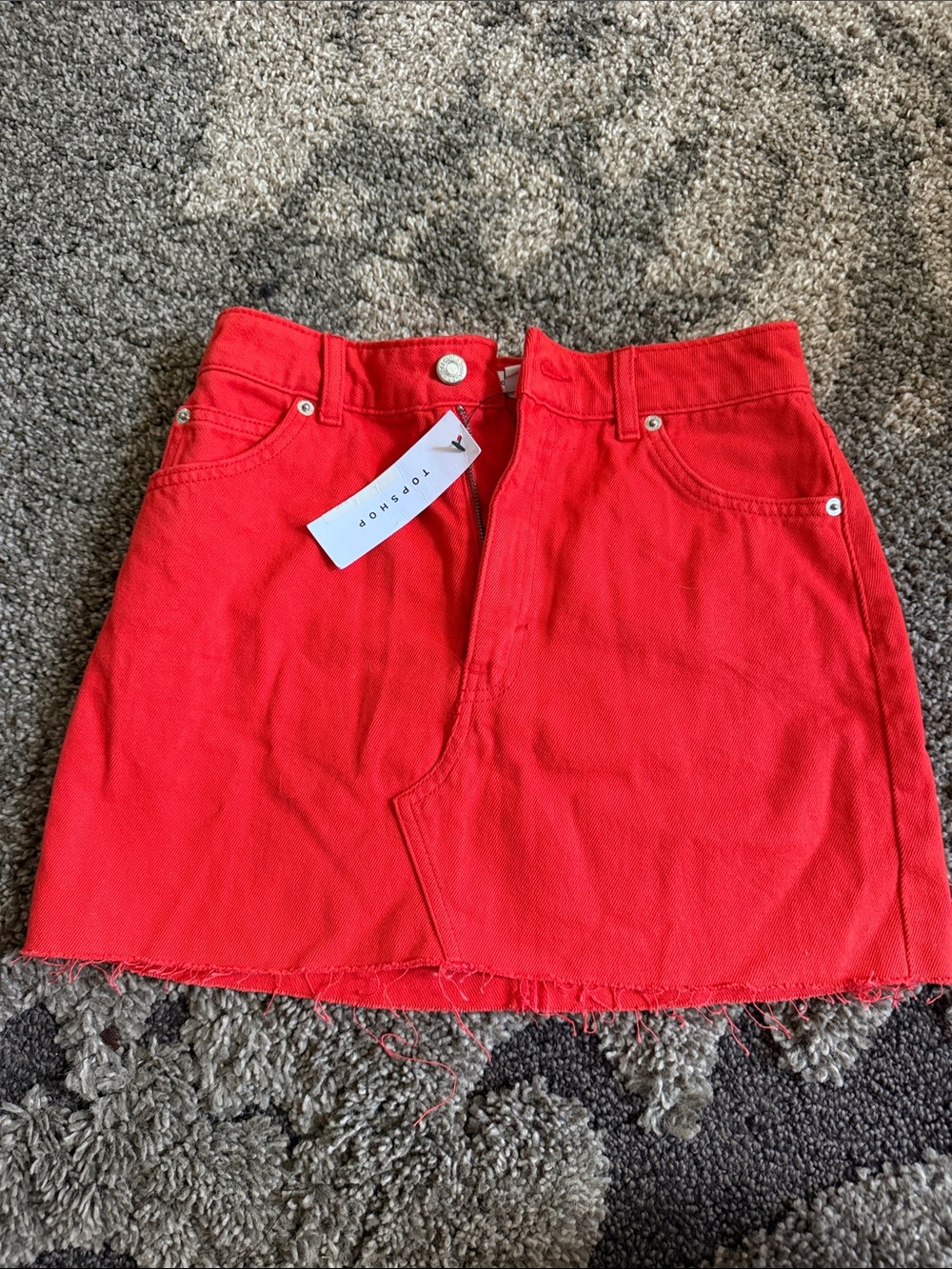 Topshop Bright Red Raw-Hem Denim Mini Skirt
